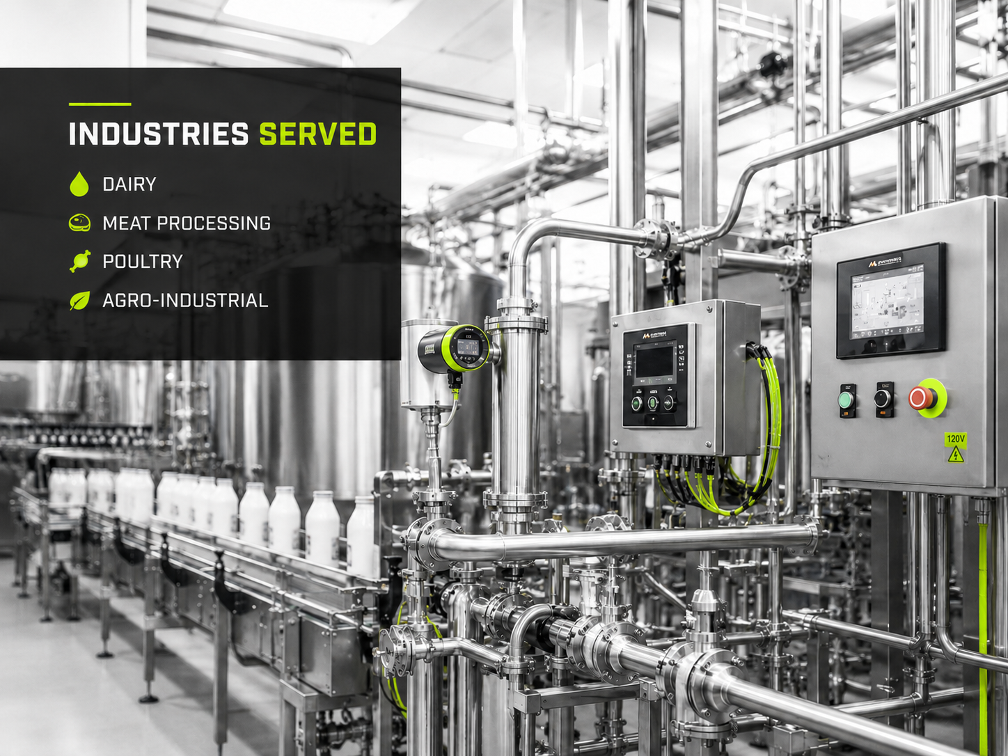 Industries served by MRO Controls including dairy, meat processing, poultry and agro-industrial production